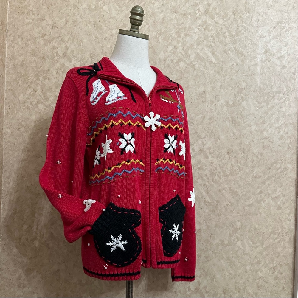 VTG 90s Chunky Knit Holiday Novelty Winter Ice Skating Mitten Christmas Sweater